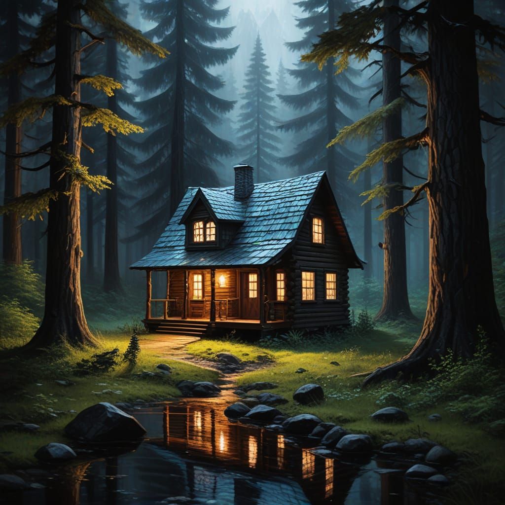 Holographic Fantasy Cabin in Woods, Impasto Oil Style