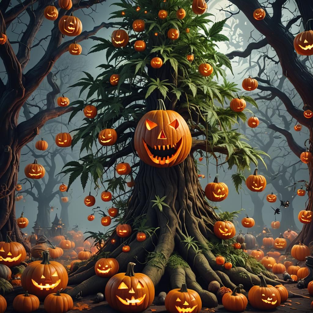 Halloween Pumpkin with Marijuana Trees in 3D