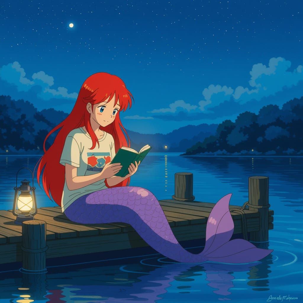 Mermaid Reading by Lantern Light in Anime Style
