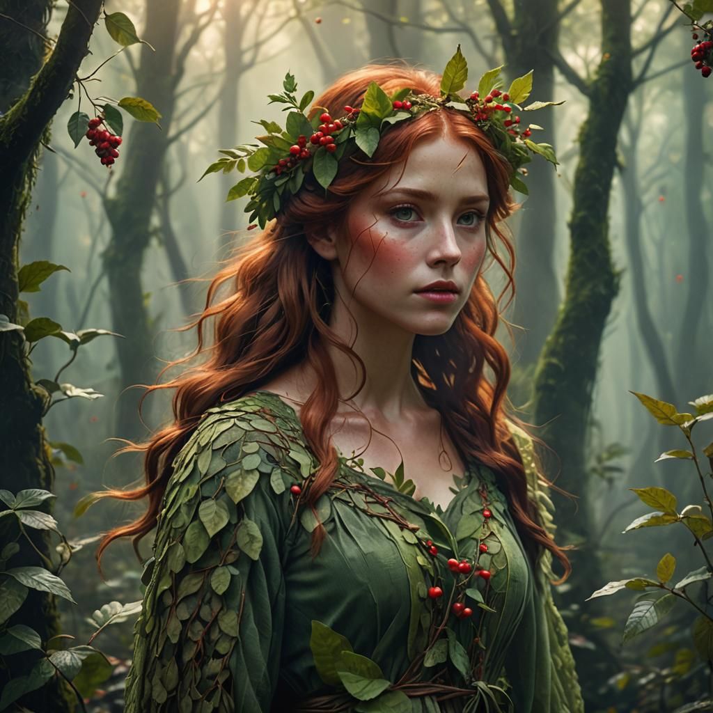 Ginger Haired Girl in Misty Forest, Fantasy Art