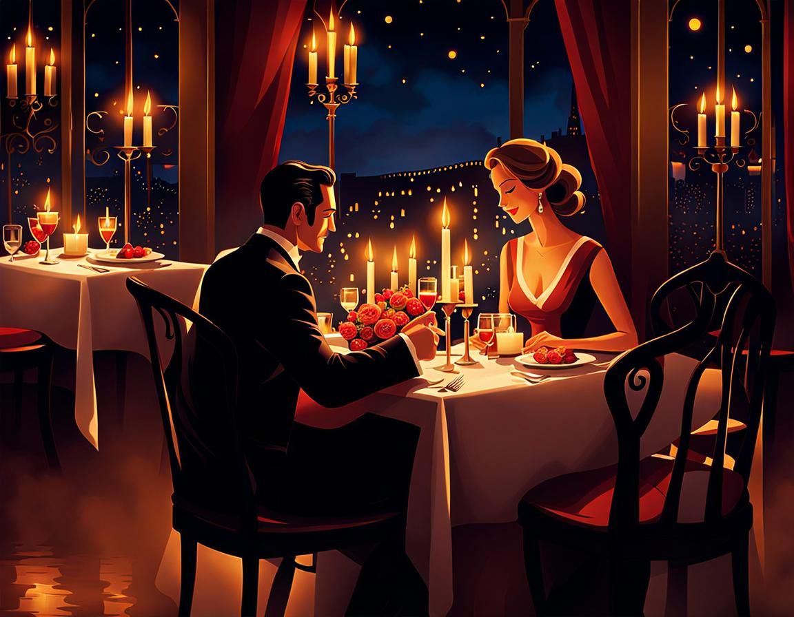 Romantic Candlelit Dinner Scene in Pop Surrealism Style