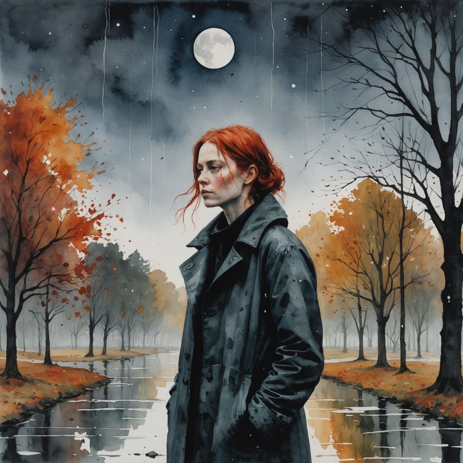 Woman in Autumn Park: Watercolour Ink Painting