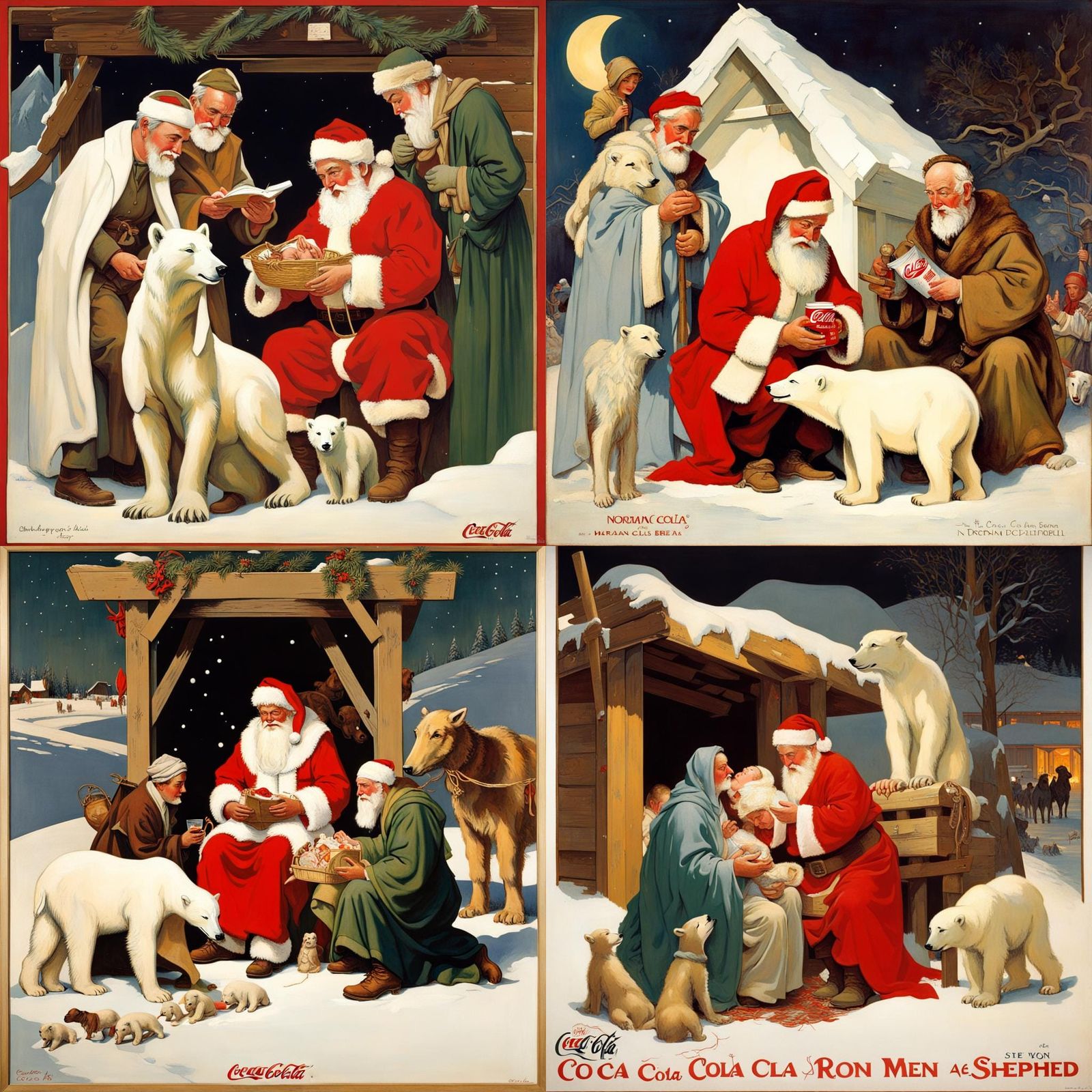Art Deco Nativity Scene with Santa and Polar Bear