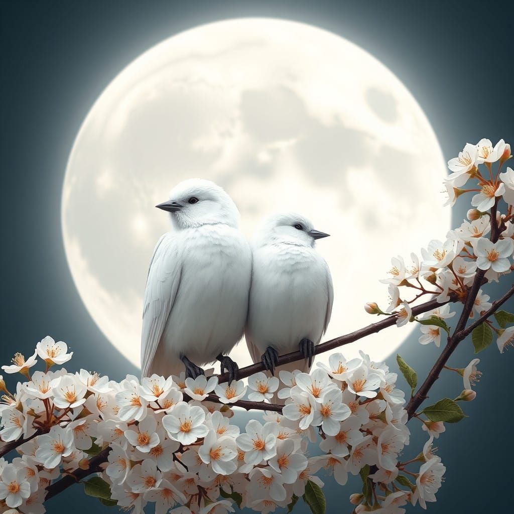 Royal White Birds Amidst Blooming Branch Under a Glowing Whi...