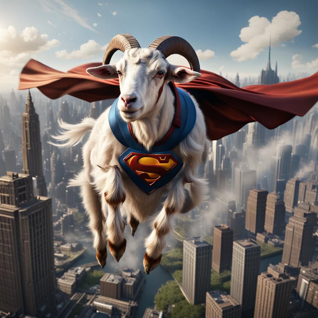 Flying Superman Goat Above City, Detailed Fantasy Art