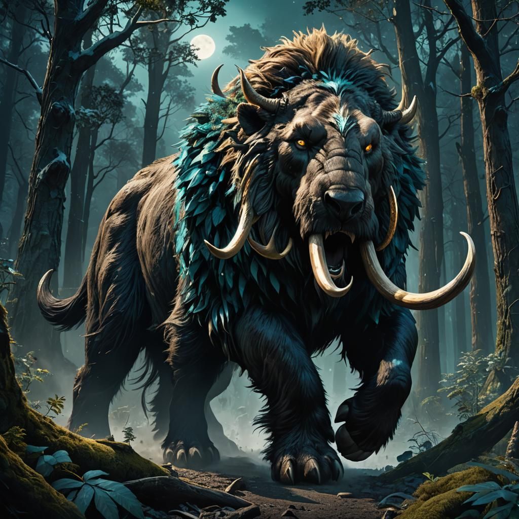 Mammoth-Sabertooth Hybrid in Dark Emerald Forest