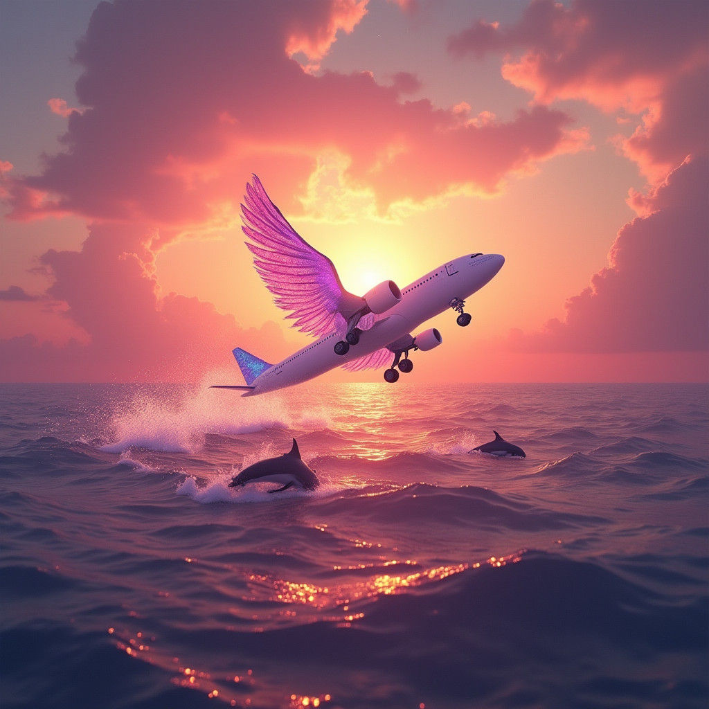 Unicorn Airplane Soaring Over Pink Sunset Sea