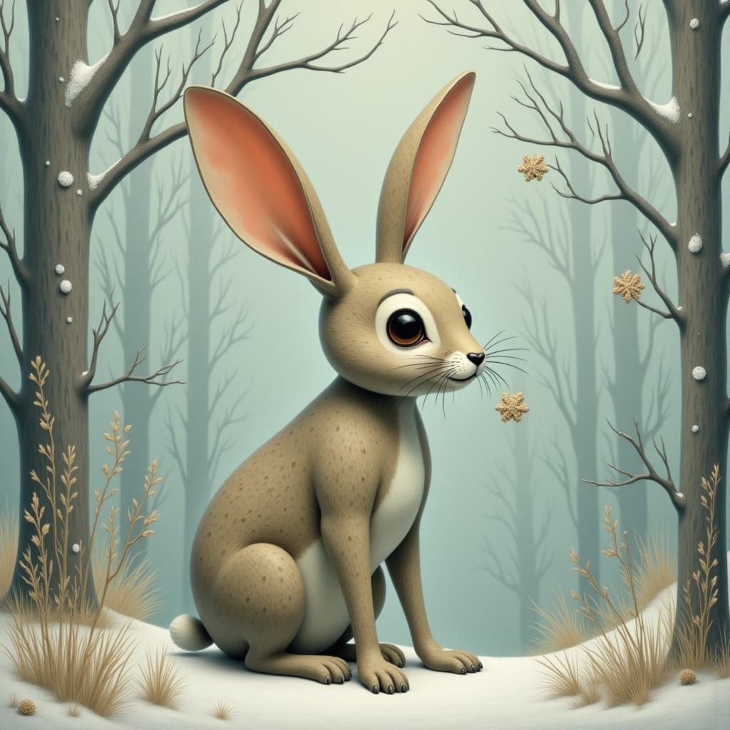 Surrealistic Hare in a Whimsical Snowy Forest
