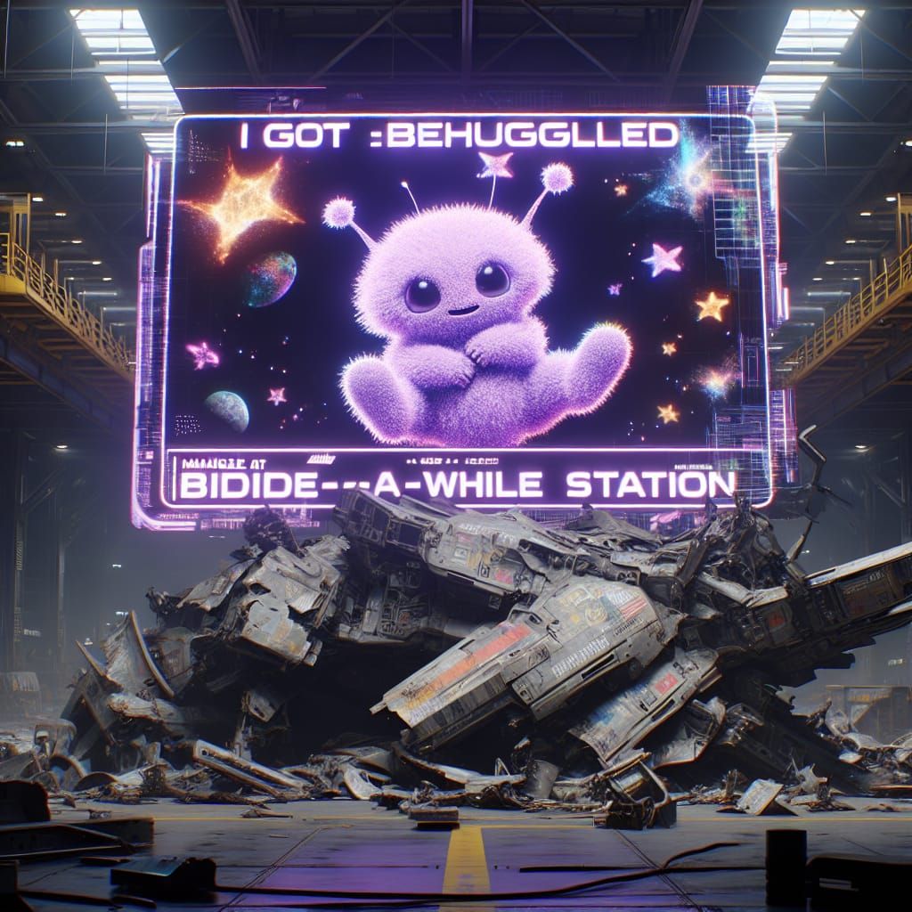 Demolished Robot with Holographic Alien Advertisement in 8K