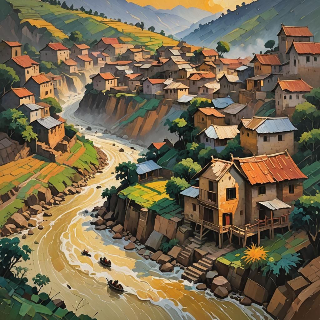 Stormy Village Rice Cataract: Impressionist Gouache Painting