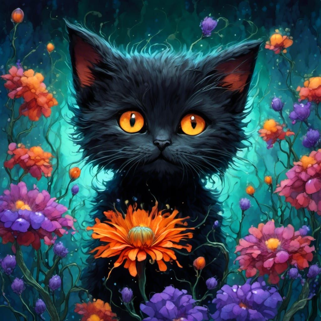 Adorable Black Kitten in Magical Forest