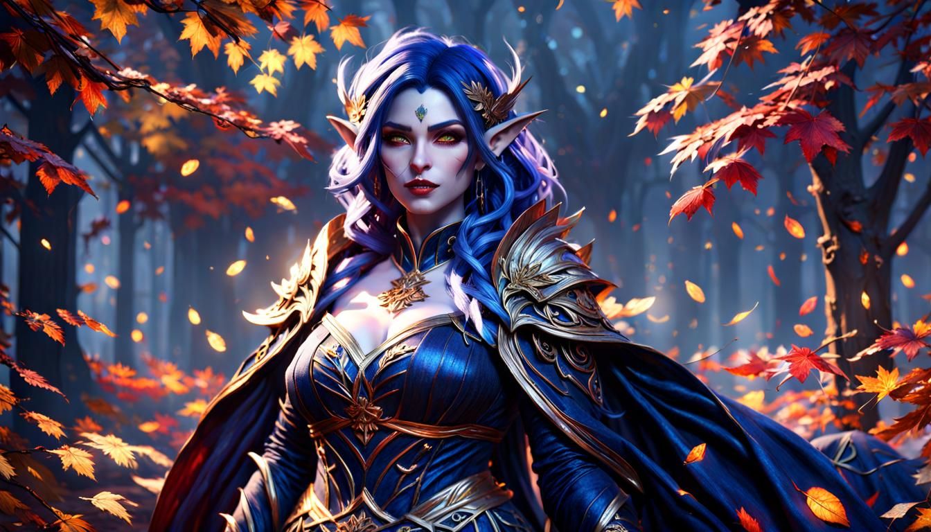 Night Elf Woman Portrait in Autumn Landscape
