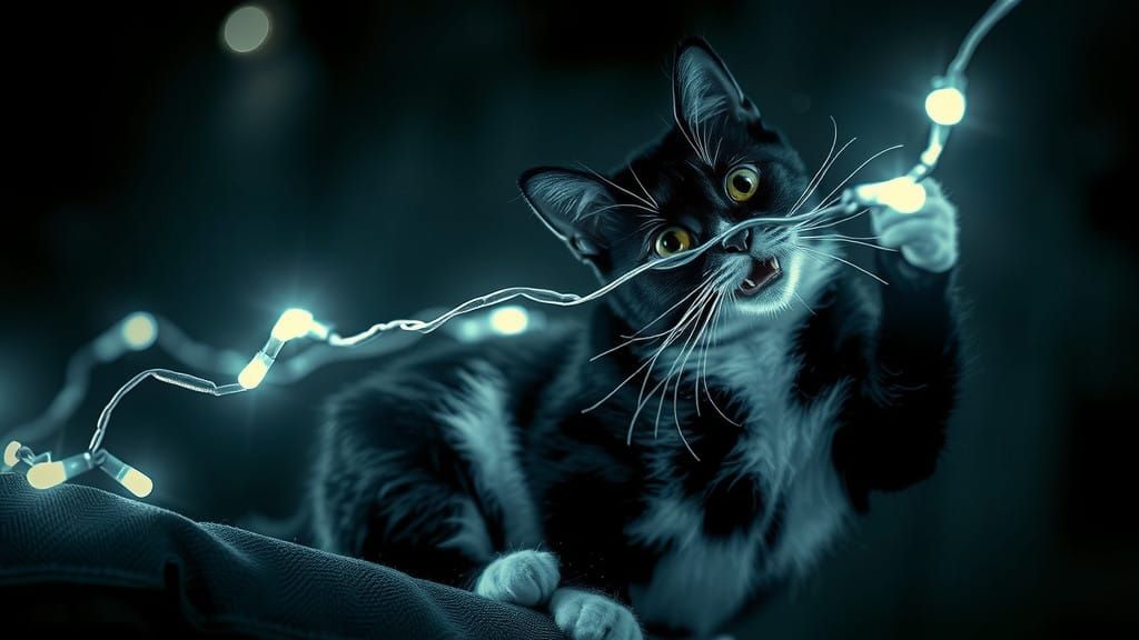 Surreal Tuxedo Cats Play with Vibrant Lights in Charcoal Art