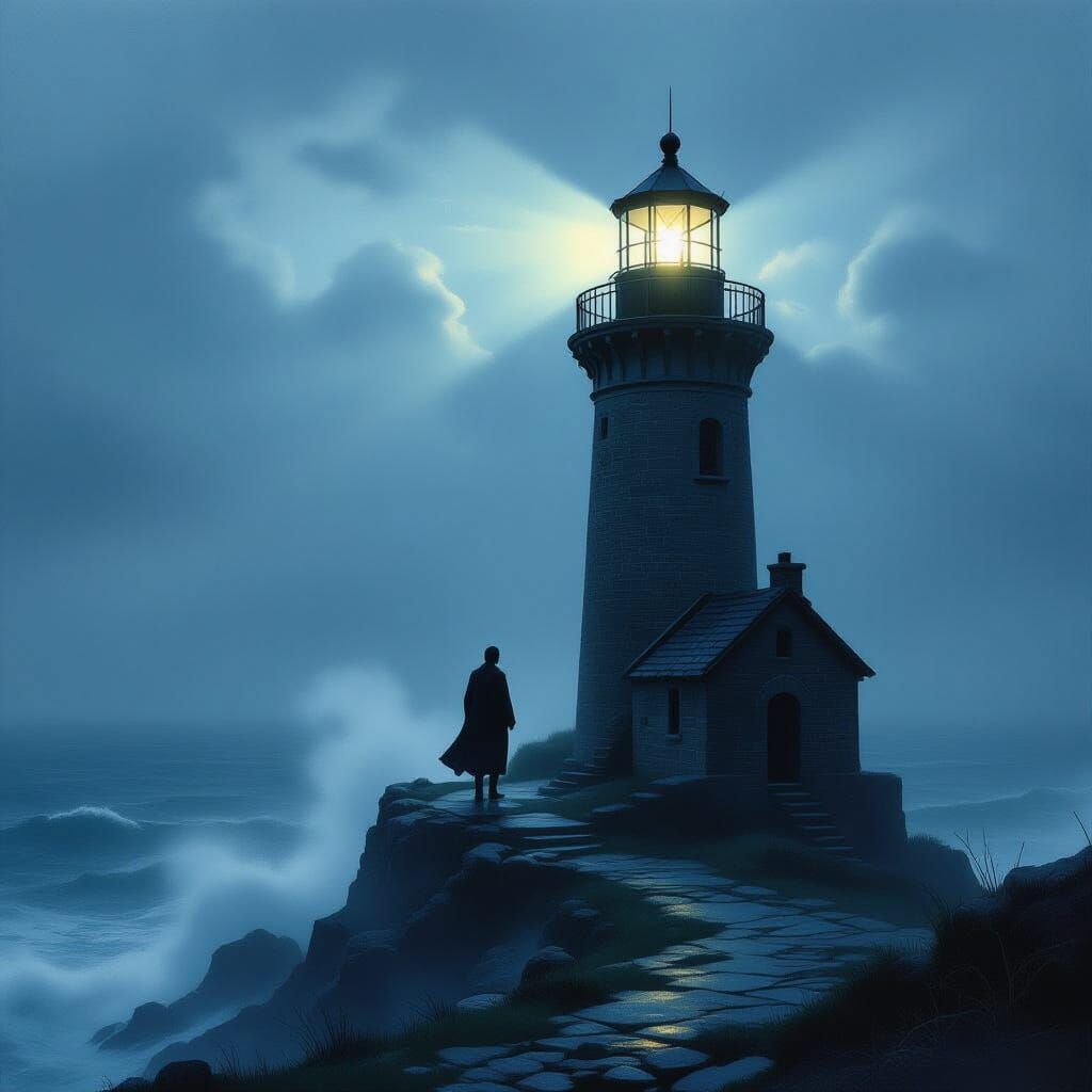 Figure on Crumbling Lighthouse Over Stormy Sea