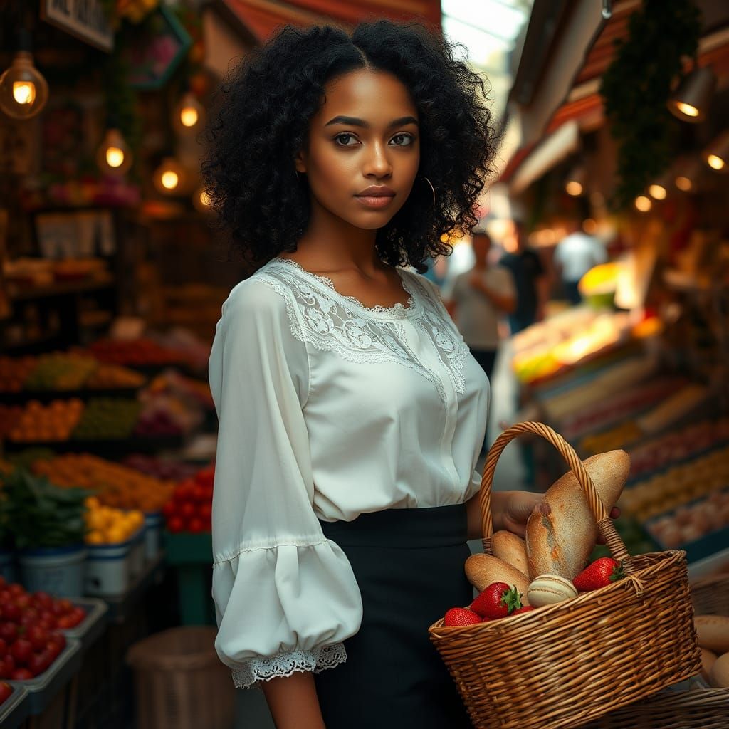 Chic Parisian Girl at Bustling French Market