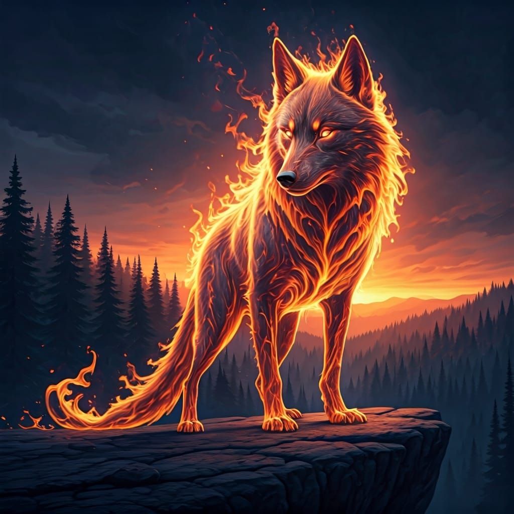Ethereal Fire Wolf Overlooking Forest as Matte Painting