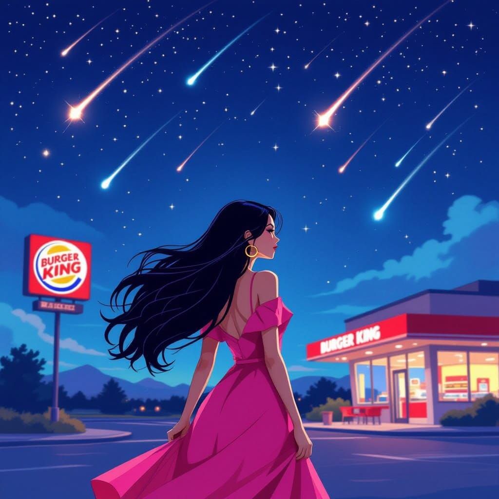 Woman in Pink Dress Under Shooting Stars