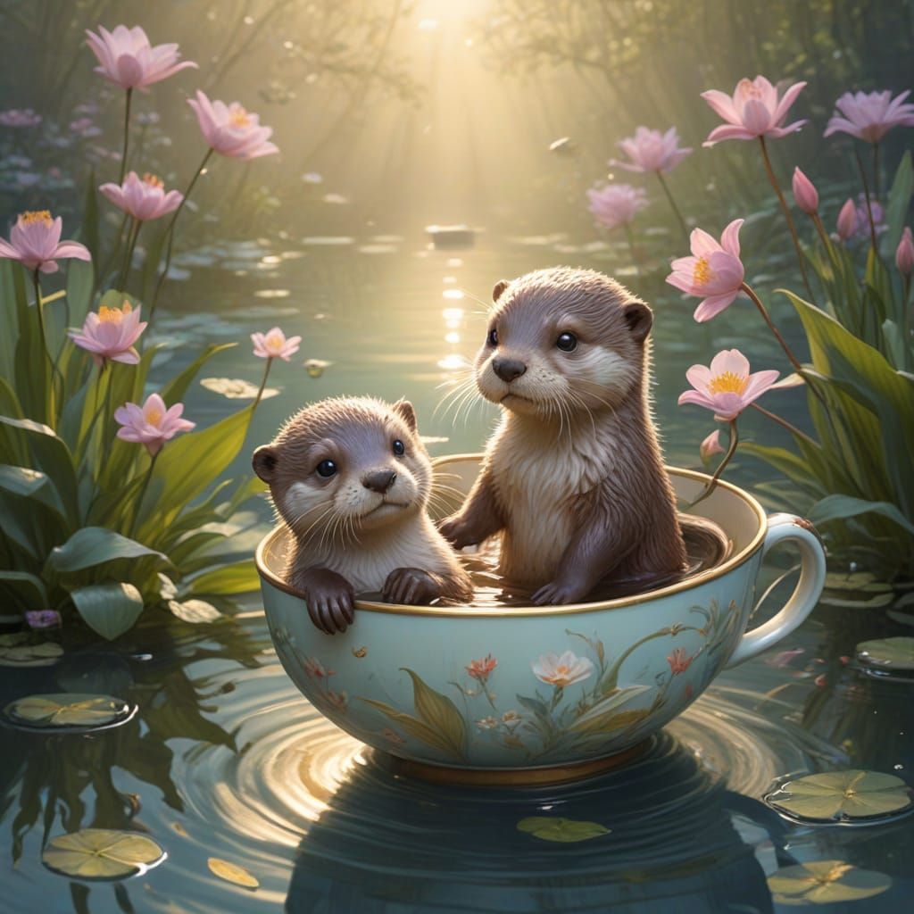 Otter Twins Navigate Lily Pond in Teacup Boat