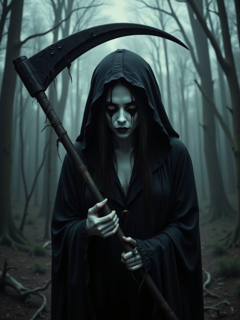 Eerie Scythe-Wielding Woman in Haunted Forest: Chiaroscuro A...