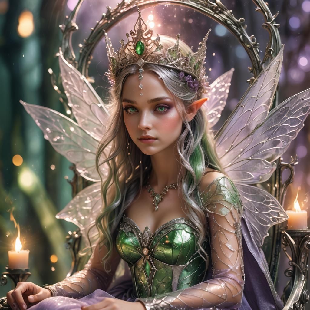 Enchanting Fairy on Glass Throne with Silver Fire