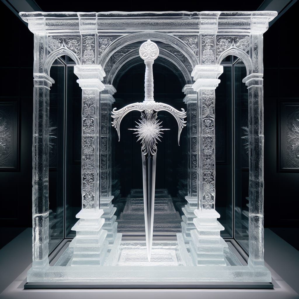 Elegant Ice Sword in Ornate Ice Display