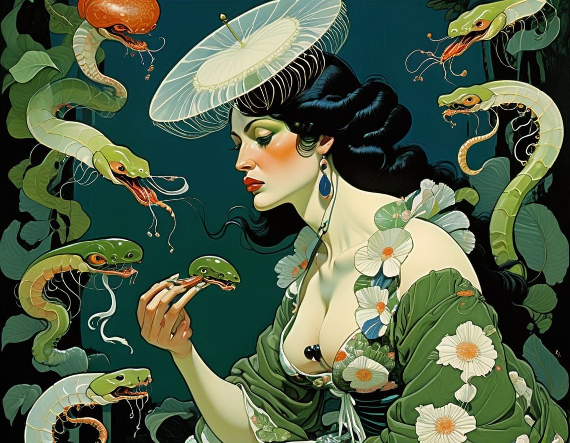 Obese Woman in Floral Dress with Mutant Features: Surrealist...