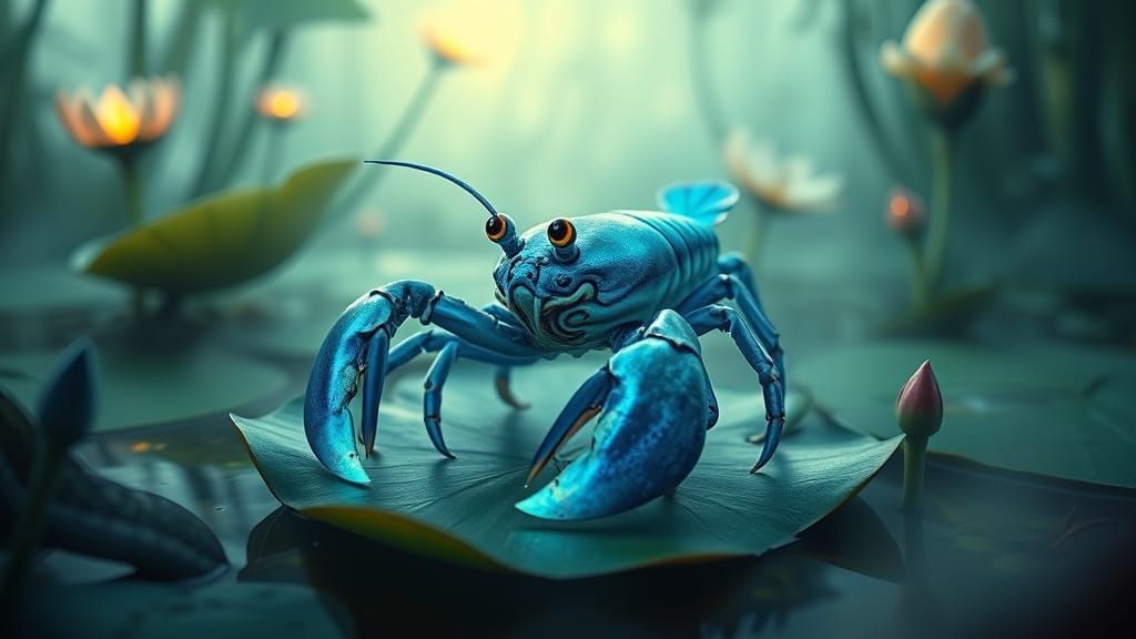 Magical Blue Lobster with Giant Glowing Claws in Bioluminesc...
