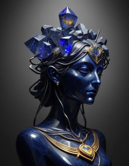Surreal Lapis Lazuli Heart Statue with Ethereal Faces