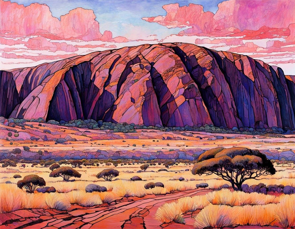 Sacred Uluru Rock Formation in Pink and Black