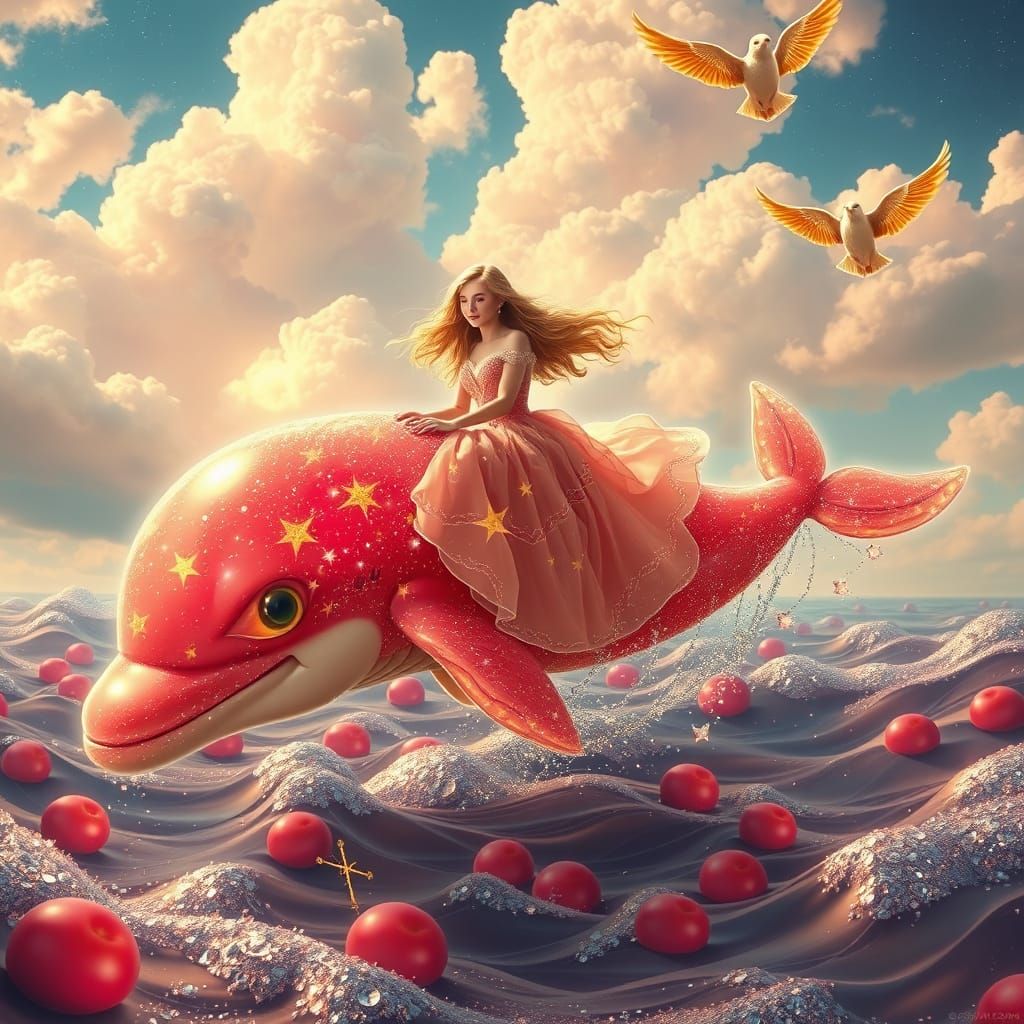 Fantasy Woman Rides Candy Dolphin in Dreamscape