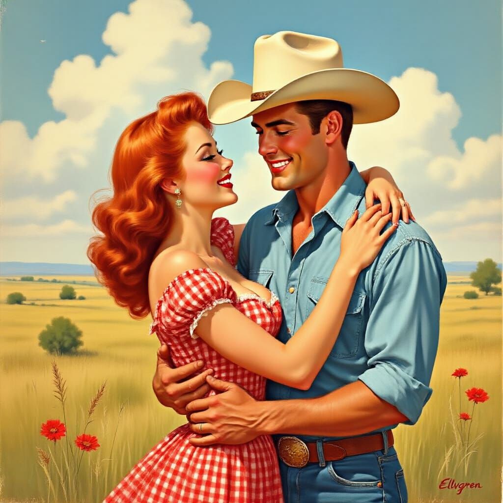 Playful Cowboy Embrace in Pin-Up Style