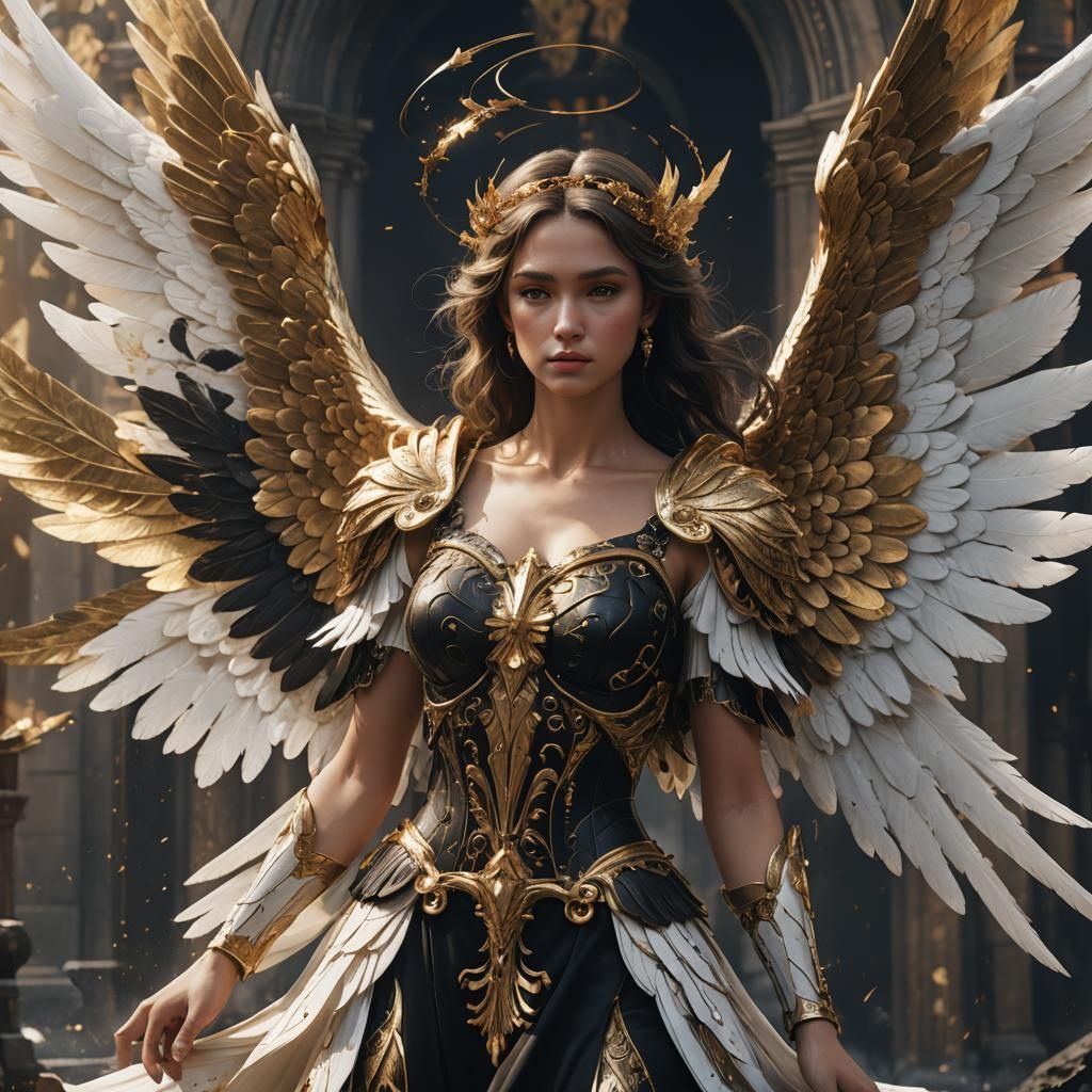 Guardian Angel in Black and Gold Dress