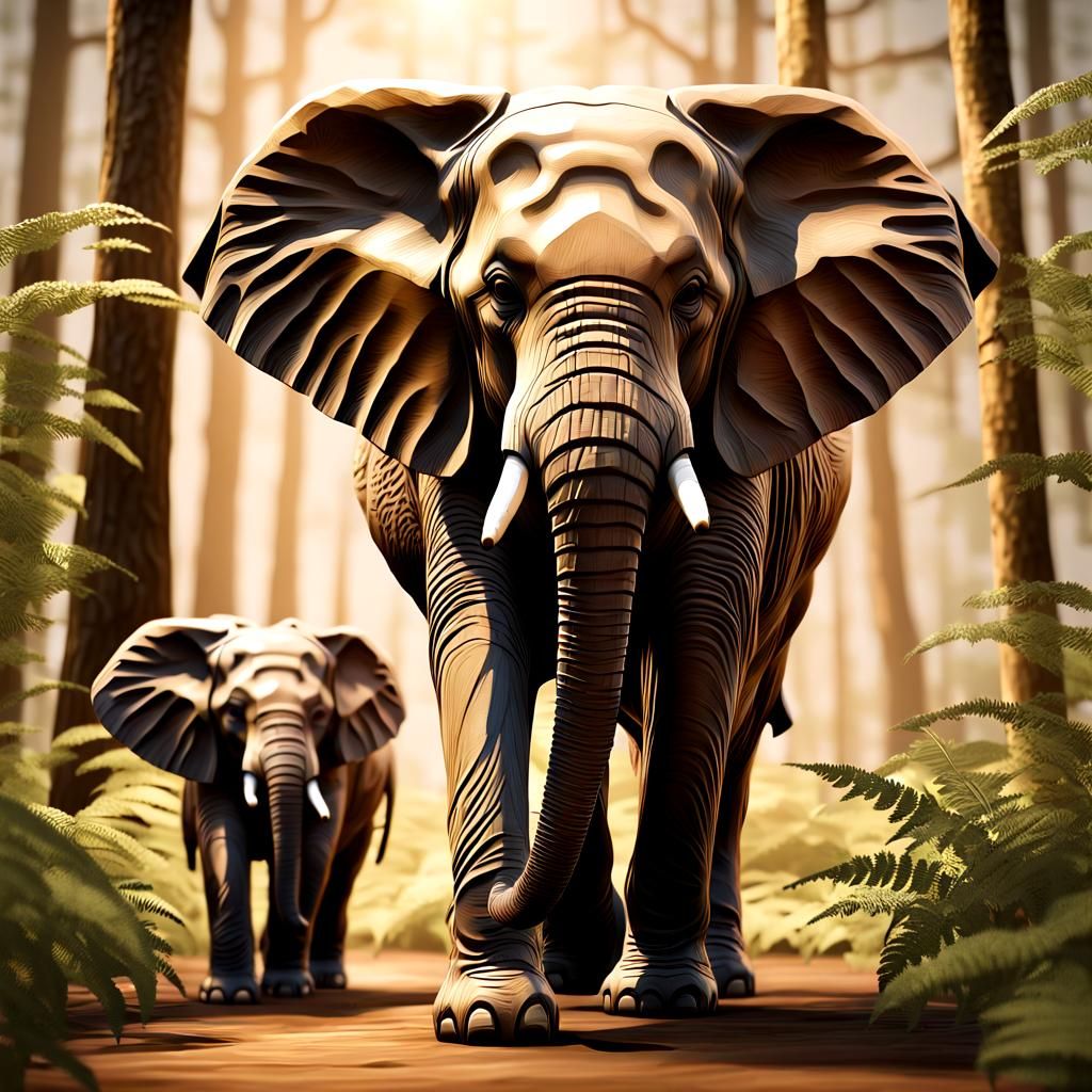 Elephant Family Walking in Forest Clearing