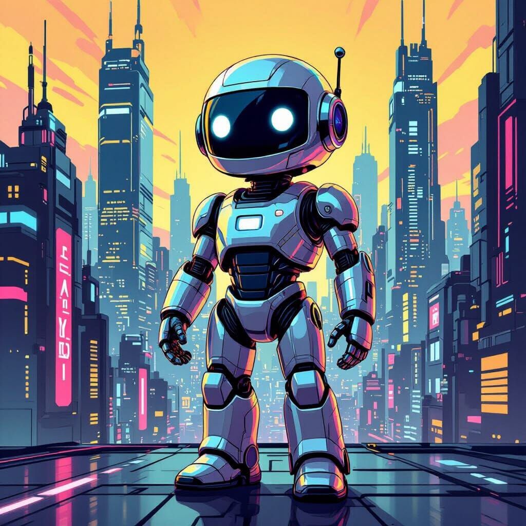 Cheerful Robot Assistant in Futuristic Cityscape Illustratio...