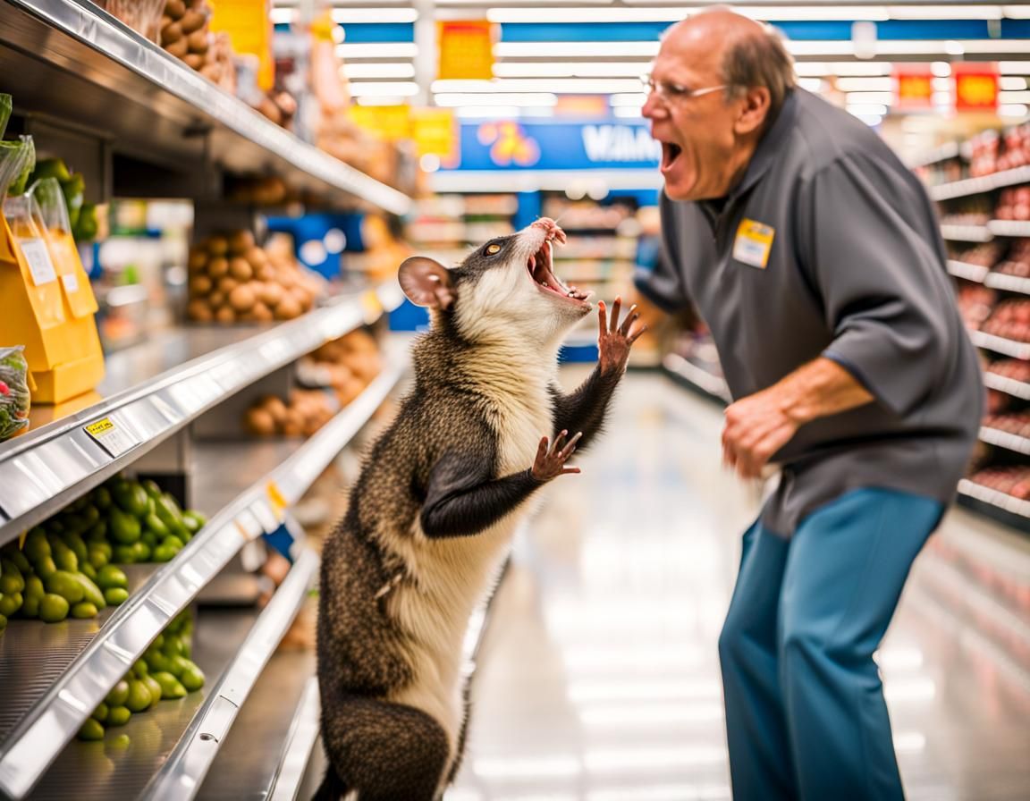 Man Confronts Possum in Walmart: Professional Photography
