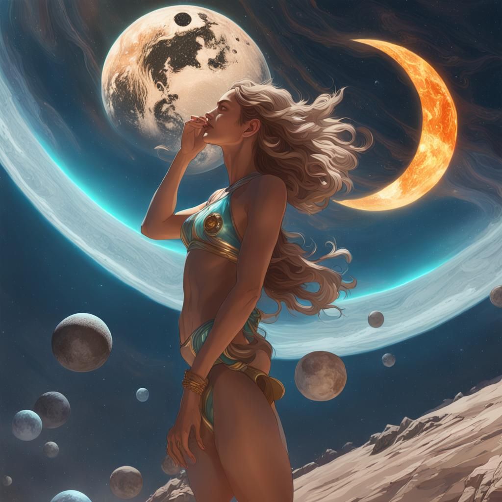 Women on Saturn Gazing at Earth in Splash Art