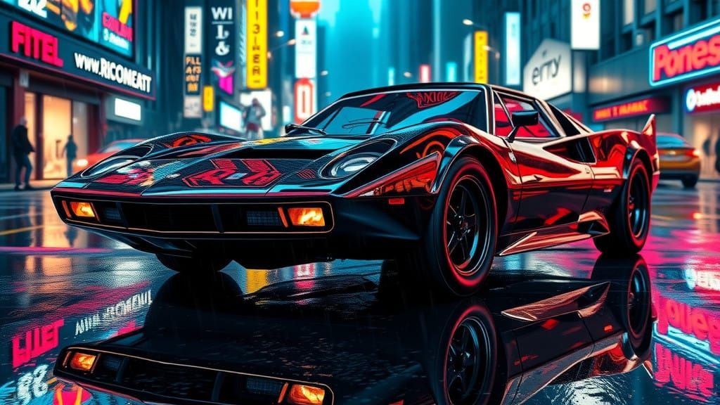Glossy Chrome Super Car Illuminated by Neon Cityscape