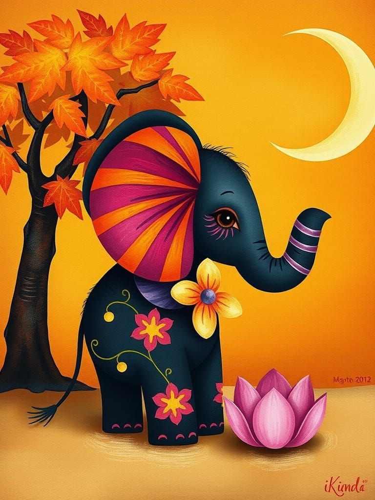 Whimsical Elephant in Surreal Floral Landscape
