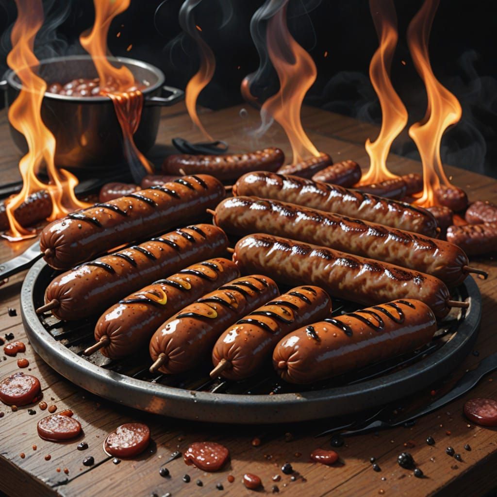Seven sizzling sausages sitting straight and slippery