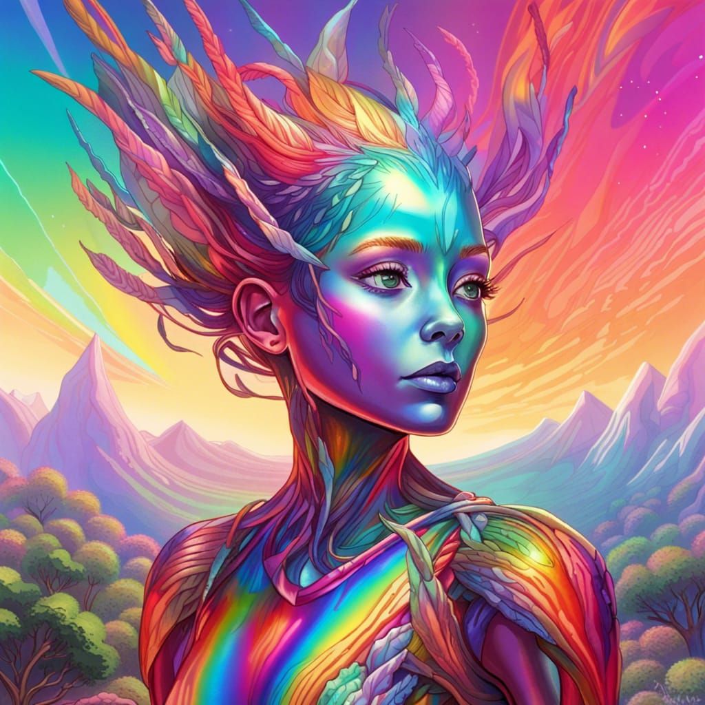 Rainbow Alien Girl on Iridian Planet