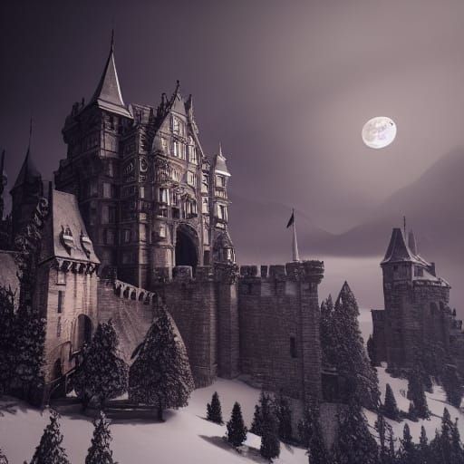 Gothic Castle in Eerie Moonlight: A Matte Painting