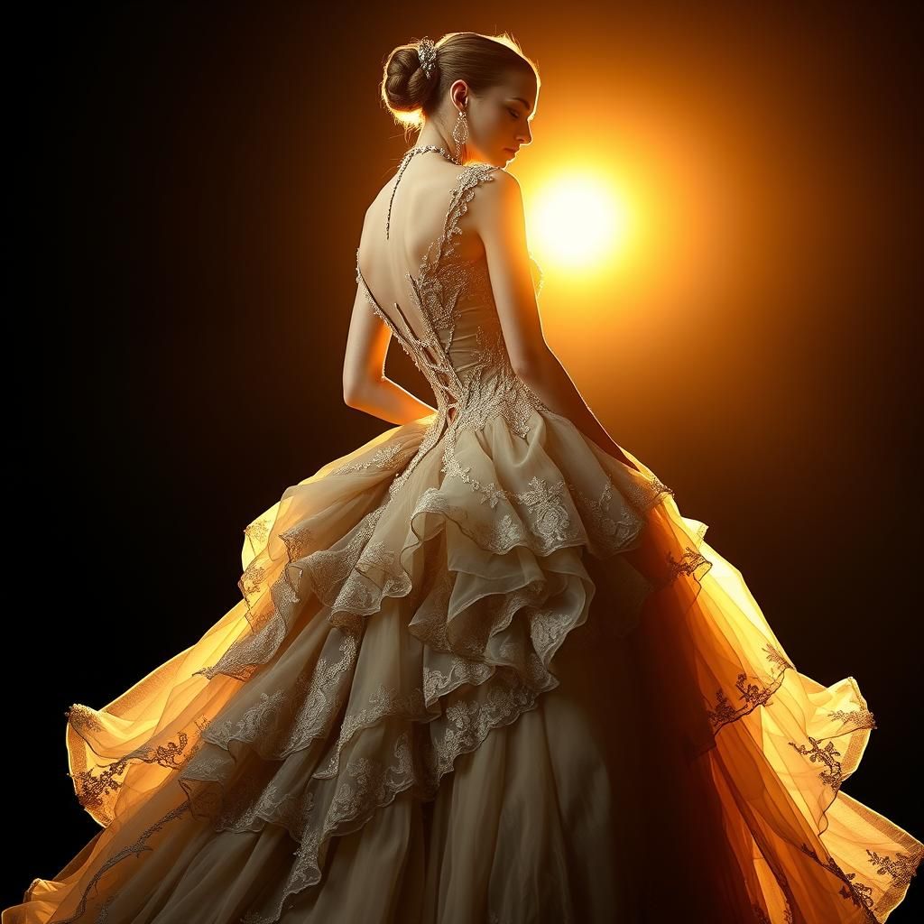 Regal Woman in Backlit Haute Couture Gown