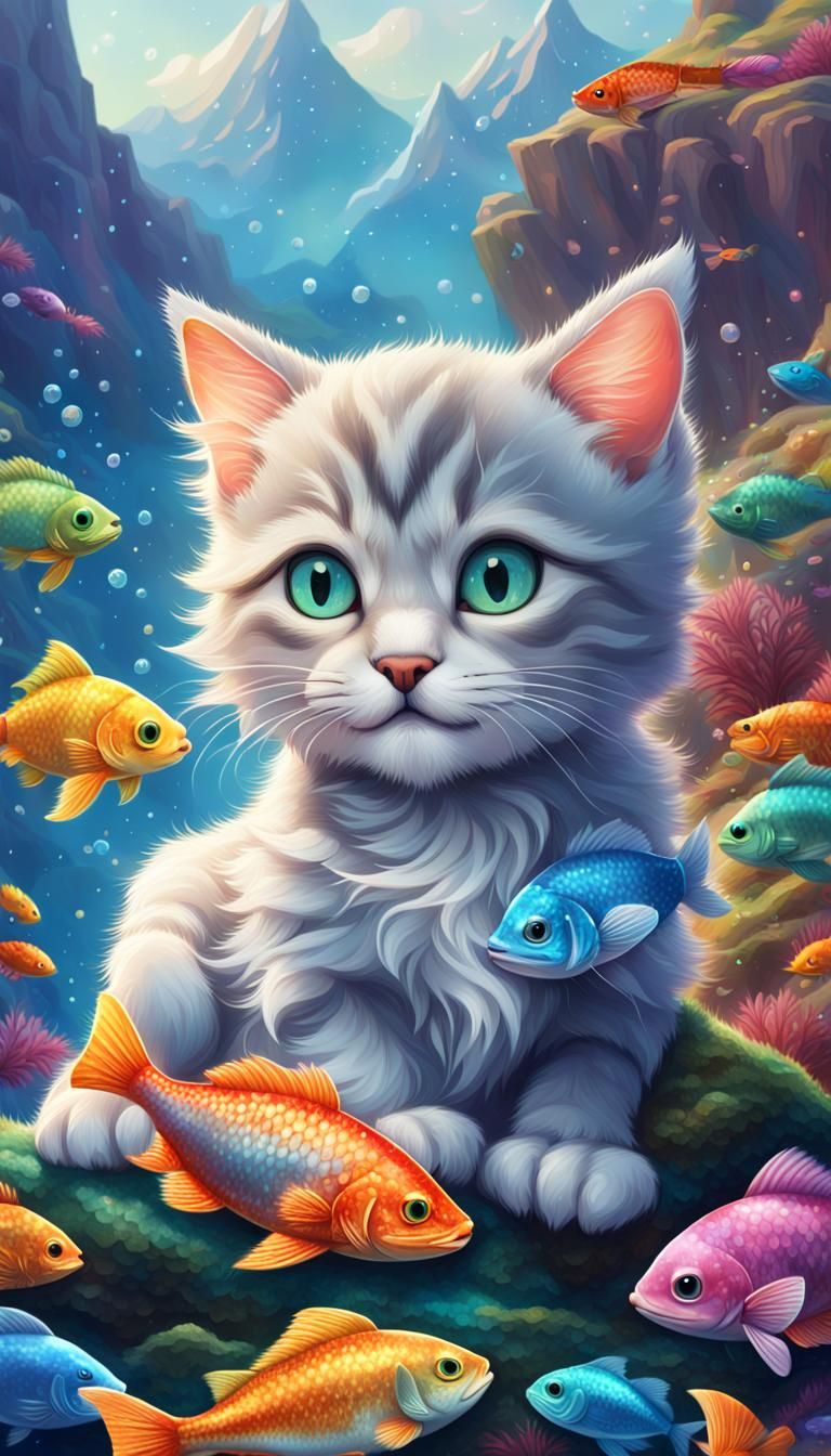 Happy Kitten on Fish Mountain: Pixar-Inspired Art