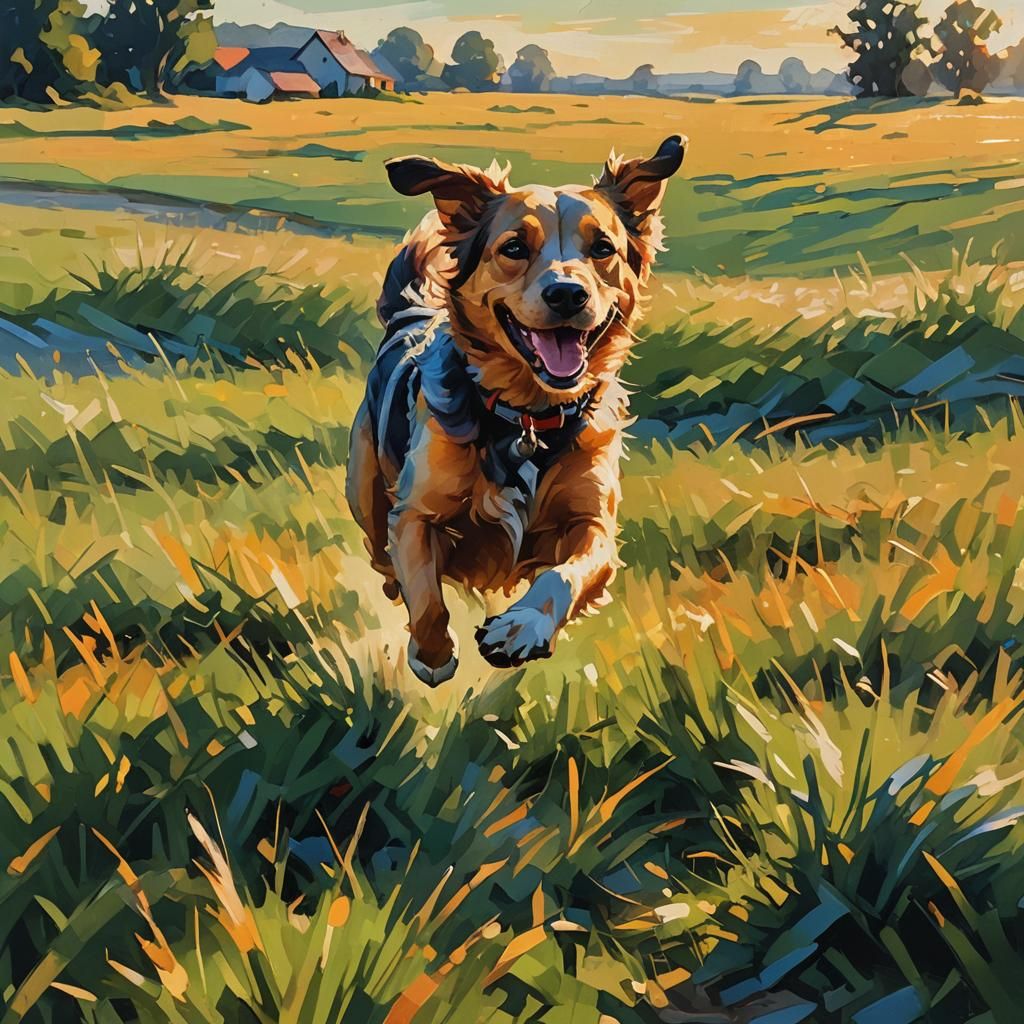 Dog Running in Field: Vibrant Triadic Oil Painting