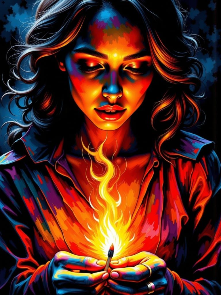 Woman Lighting Fire with Dramatic Chiaroscuro Lighting
