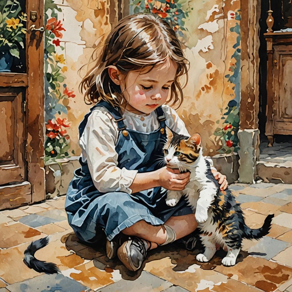 Girl and Kitten in Gouache Style Watercolor