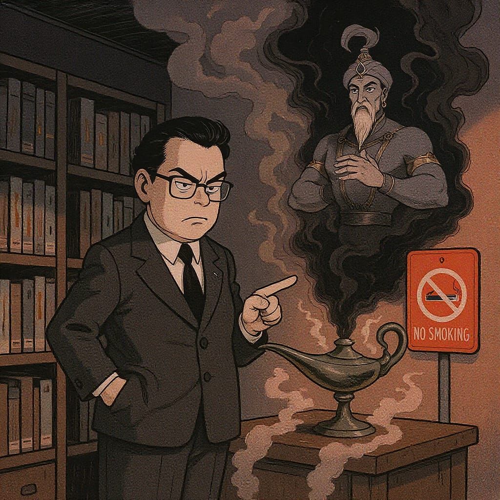 Librarian and Genie Confront No Smoking Sign