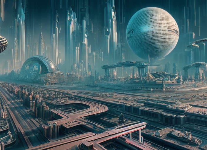 Retrofuturistic Cityscape with Flying Cars and Robots