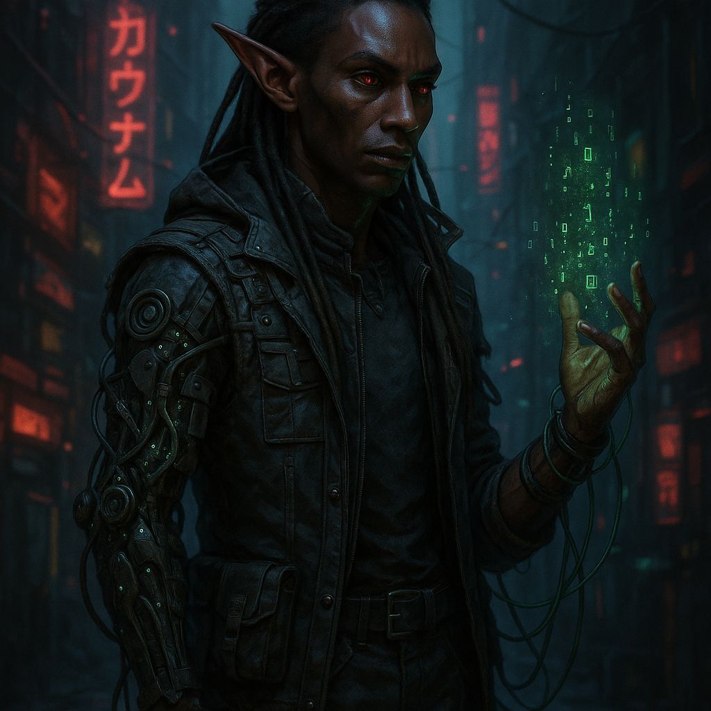Shadowrun Male Wakyambi Technomancer in Cyberpunk Style