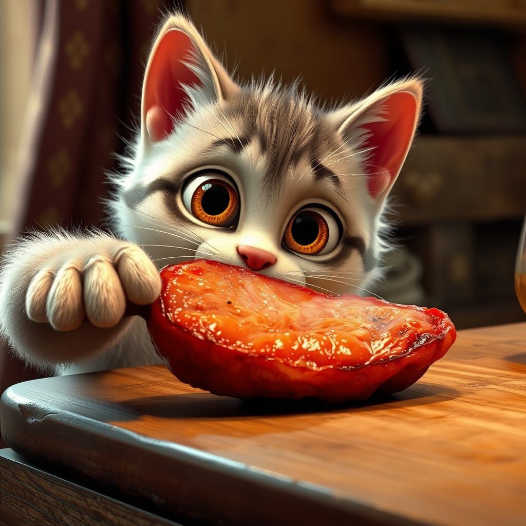 A bizarre Pixar-style 3D image in which a (cat) with ((big eyes)) ((peeks out)) From behind the edge of the table, with ...